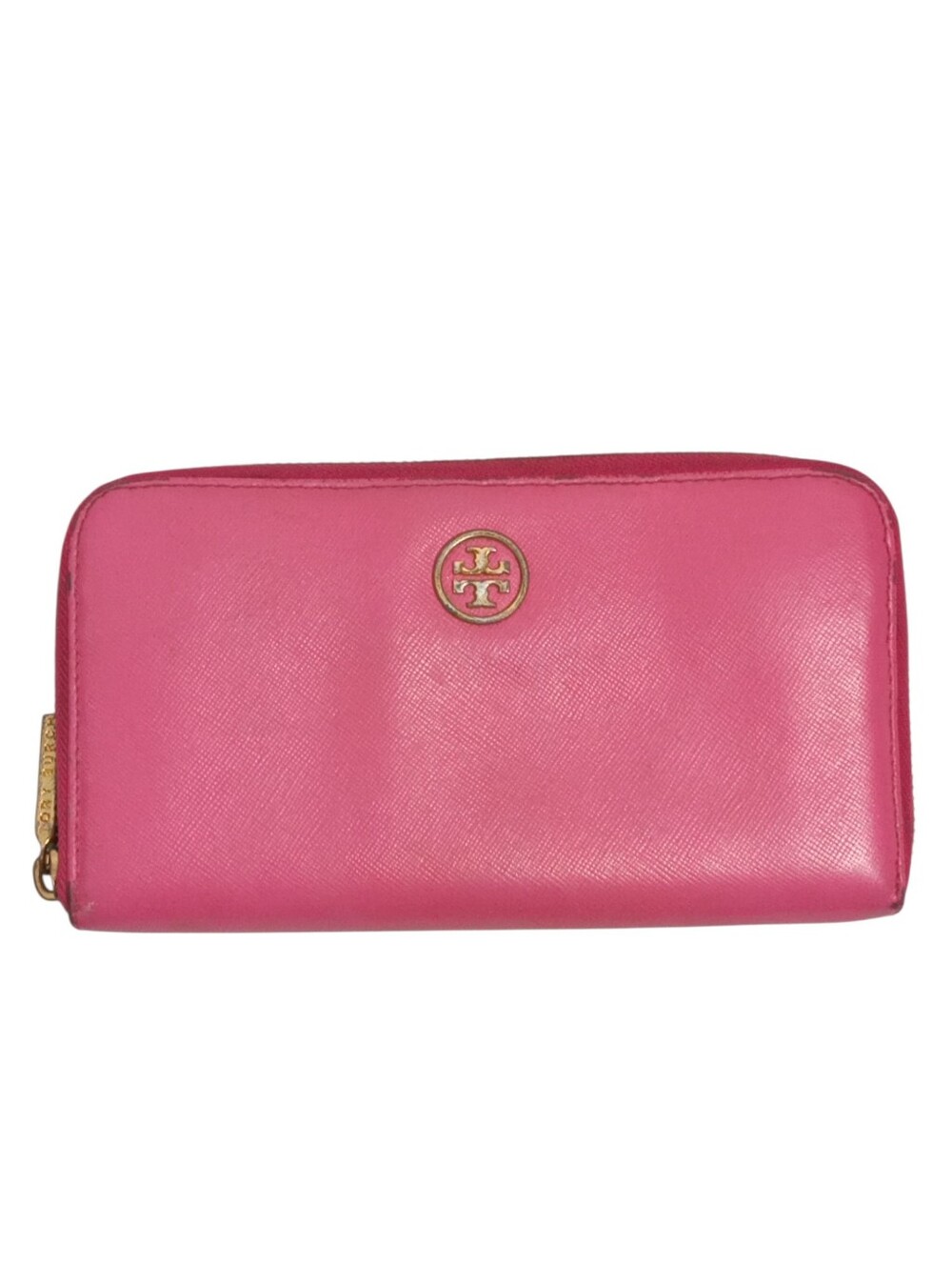 Tory Burch Hot Pink Saffiano Zip Around Wallet Gold Logo Leather